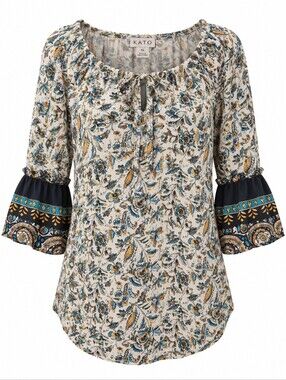 CATO | Mixed Print Floral Paisley Boho Peasant Bell Sleeve Tie Front Blouse | XL